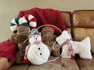 Christmas Sherpa Pillow – Gingerbread Girl, Gingerbread Man, Snowman, Candy Cane & Scotty Dog Designs