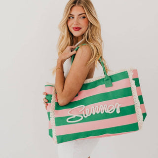 Striped Summer Beach Tote Bag – Canvas Fringe Tote With Rope Lettering