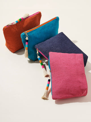 Cutie Zip Pouch – Woven Jute & PVC with Tassel | Turquoise, Navy, Orange, Pink