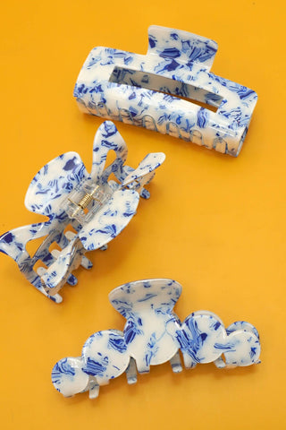 Vintage Toile Pattern Porcelain Hair Claw Clips – Half Moon Style – 3.5"–4" Wide
