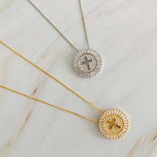 Shine Circle Cross Necklace – Cubic Zirconia Round Pendant on 16–20" Adjustable Chain – Gold or Silver