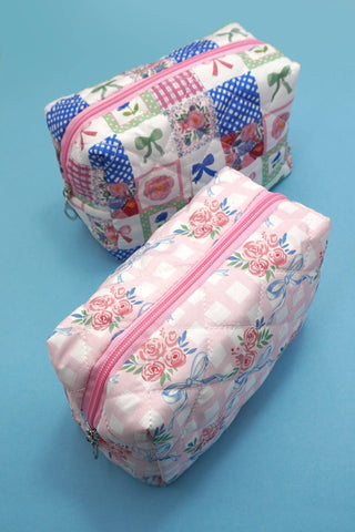 BOW QUILTED COTTON FLORAL COSMETIC POUCH BAG | 40P567