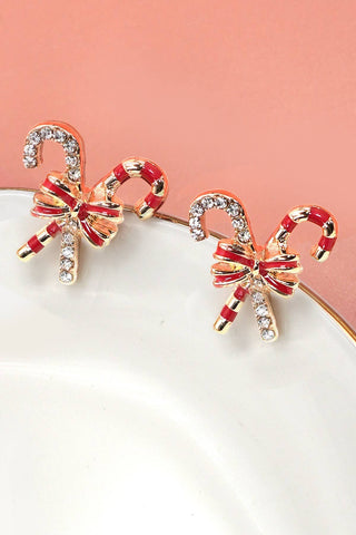 Christmas Candy Cane Rhinestone Bow Earrings – Festive Holiday Jewelry