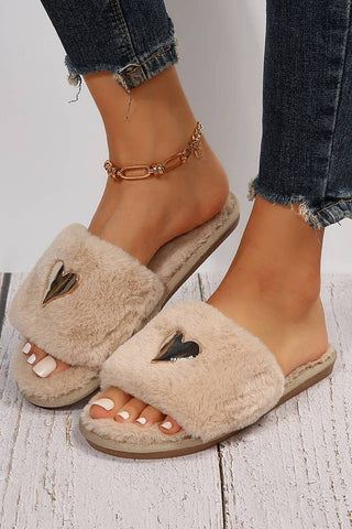 Heart Shape Buckle Decor Open Toe Plush Slippers