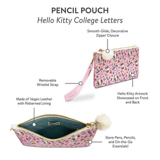 Hello Kitty College Letters Pencil Pouch – Vegan Leather Zipper Bag with Wristlet Strap – 8.75" x 4.25"