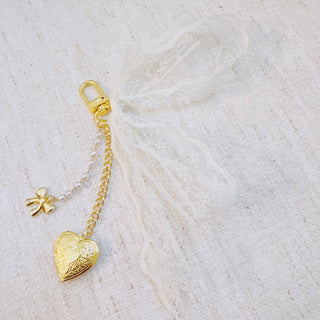 Lace & Love Heart Bag Charm – White Bow with Gold Heart
