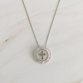 Shine Circle Cross Necklace – Cubic Zirconia Round Pendant on 16–20" Adjustable Chain – Gold or Silver