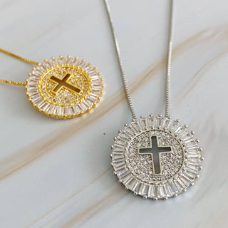 Shine Circle Cross Necklace – Cubic Zirconia Round Pendant on 16–20" Adjustable Chain – Gold or Silver