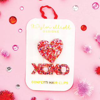 Hair Clip Set - Heart + XOXO - Red + Pink Confetti