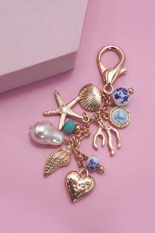 Porcelain Sea Life Bag Charm – Pearl, Heart & Turquoise Bead Accent