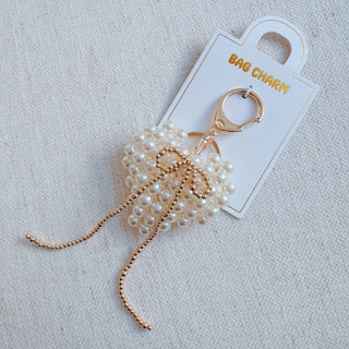 Pearl Knit Heart Bag Charm – Bow Accent