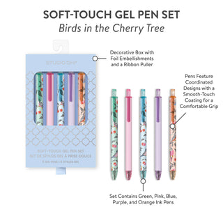 Birds in the Cherry Tree Soft-Touch Gel Pen Set – 5 Color Ink Pens – 0.7 mm Medium Point