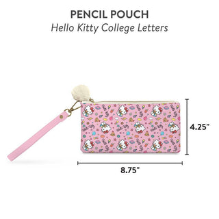 Hello Kitty College Letters Pencil Pouch – Vegan Leather Zipper Bag with Wristlet Strap – 8.75" x 4.25"