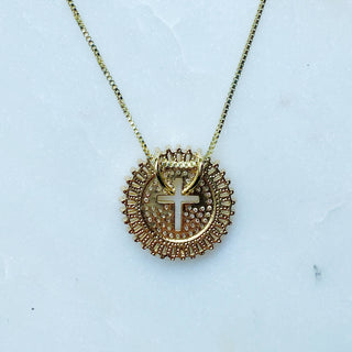 Shine Circle Cross Necklace – Cubic Zirconia Round Pendant on 16–20" Adjustable Chain – Gold or Silver