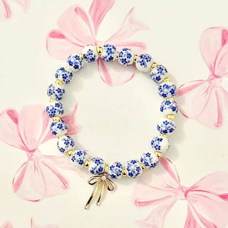 Bow Charm Floral Porcelain Blue Bracelet – Stretch Fit, Gold Accents