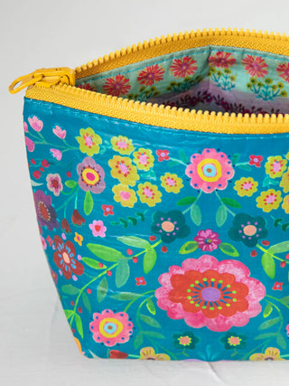 Small Reversible Zipper Pouch - Turquoise Folk Flower