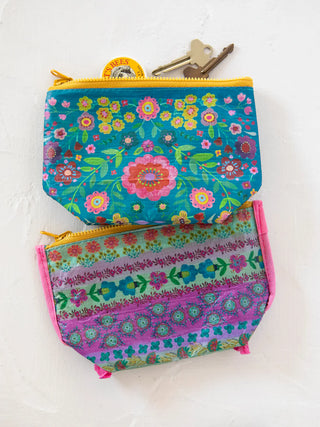 Small Reversible Zipper Pouch - Turquoise Folk Flower