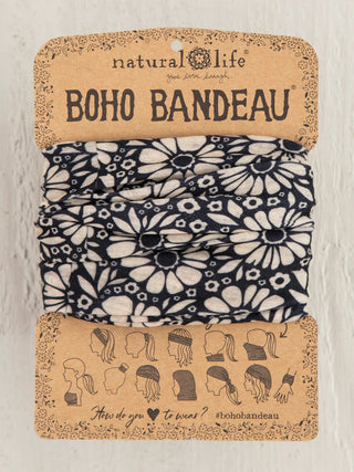 Full Boho Bandeau® Headband – Multi-Way Style - Black White Daisies