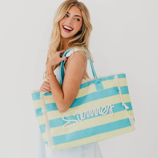 Striped Summer Beach Tote Bag – Canvas Fringe Tote With Rope Lettering
