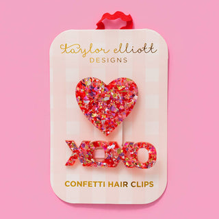 Hair Clip Set - Heart + XOXO - Red + Pink Confetti