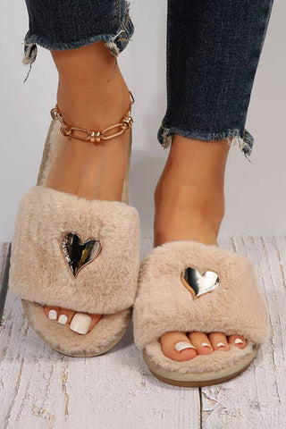Heart Shape Buckle Decor Open Toe Plush Slippers