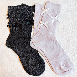 Shimmer Chic Bow Embellished Socks Set – 2 Pairs