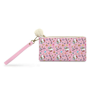 Hello Kitty College Letters Pencil Pouch – Vegan Leather Zipper Bag with Wristlet Strap – 8.75" x 4.25"