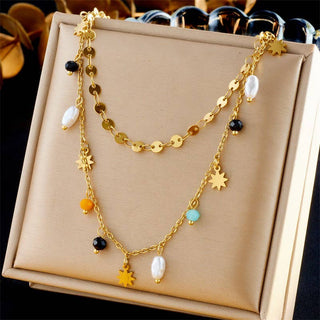18K Stainless Steel Tarnish-Free Beaded & Pearl Drop Charm Necklace – Hypoallergenic, Waterproof