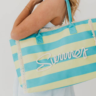 Striped Summer Beach Tote Bag – Canvas Fringe Tote With Rope Lettering