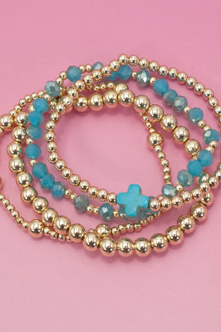 Boho Cross Multi-Colorful Beaded Stretch Bracelet – Elastic Fit, Gold Plated, Lead & Nickel Free