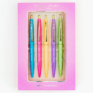 Motivational Pen Set – 5 Black Ink Pens – Gift Box with Hologram Foil – Boutique Stationery