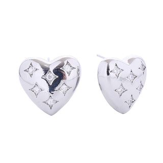 14K Gold-Dipped Heart Figure CZ Post Earrings: ONE SIZE / WHITE GOLD