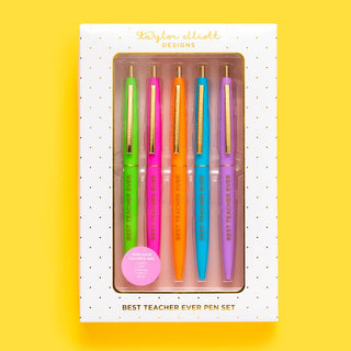 “Best Teacher Ever” Pen Set – 5 Metallic Ballpoint Pens with Gift Box